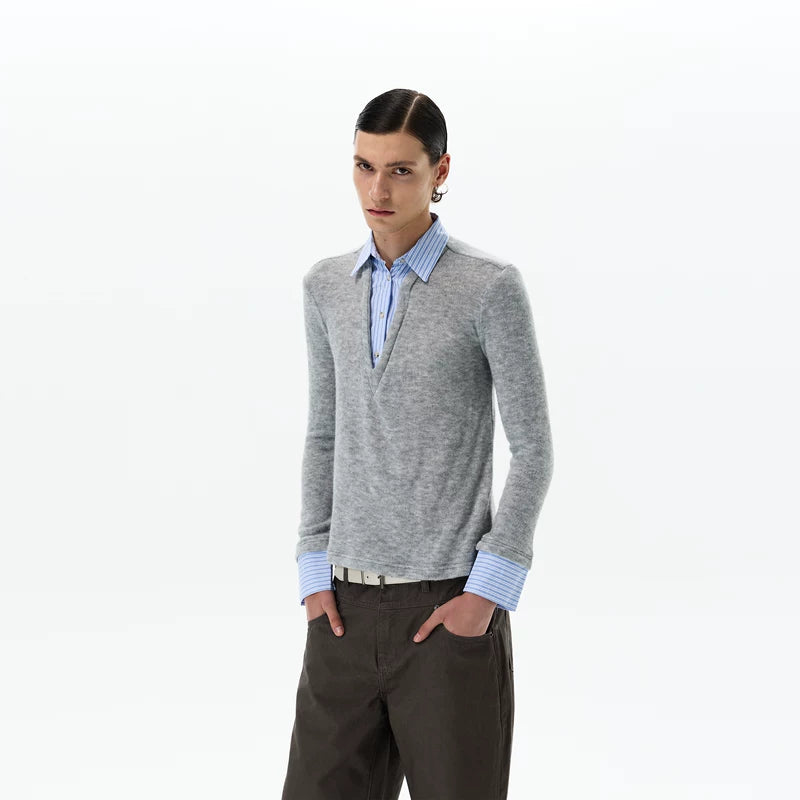 6017467152296,6017467152297,6017467152298,6017467152299, Deep V Faux Two-Piece Knit Shirt