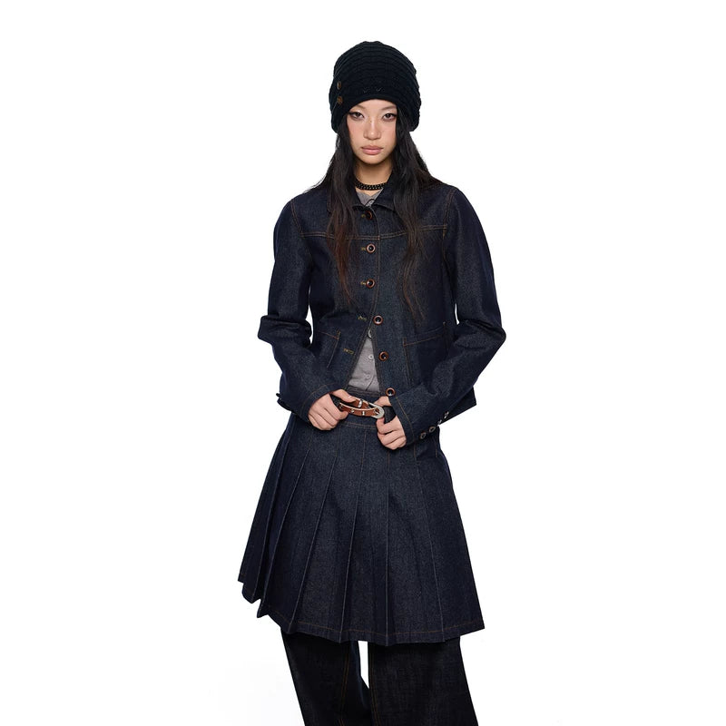 6187928035557,6187928035558,6187928035559, Denim Peter Pan Collar Jacket and Skirt