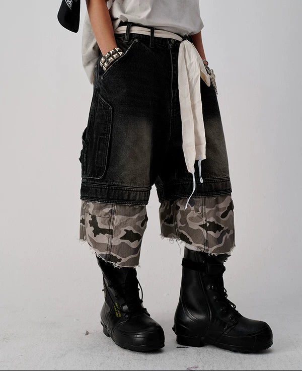 Distressed Camouflage Patchwork Denim Capri Pants 1