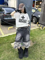 Distressed Camouflage Patchwork Denim Capri Pants 3