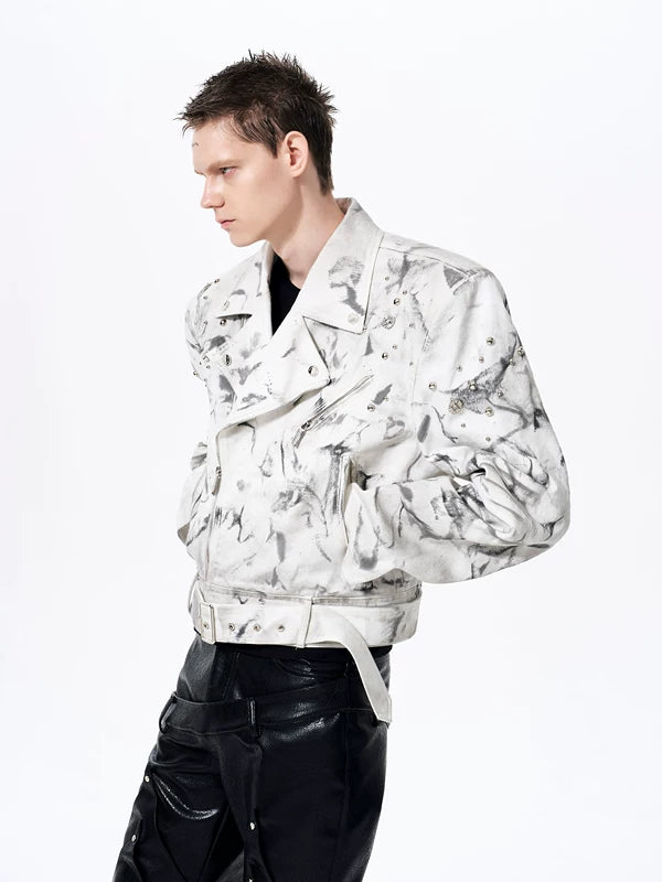 Distressed Denim Biker Jacket with Rivets 2