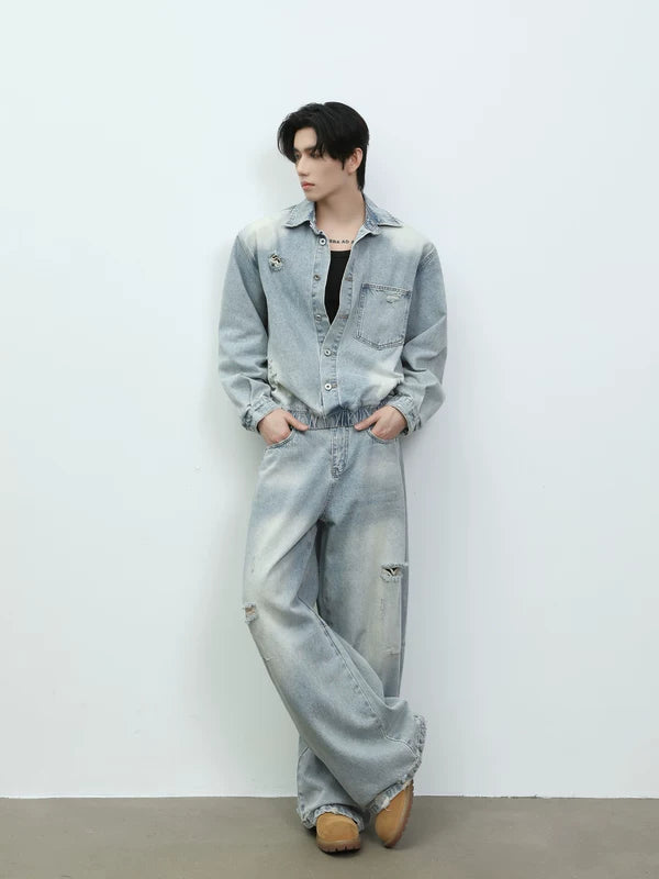 Distressed Denim Jacket and Wide-Leg Pants Set 3