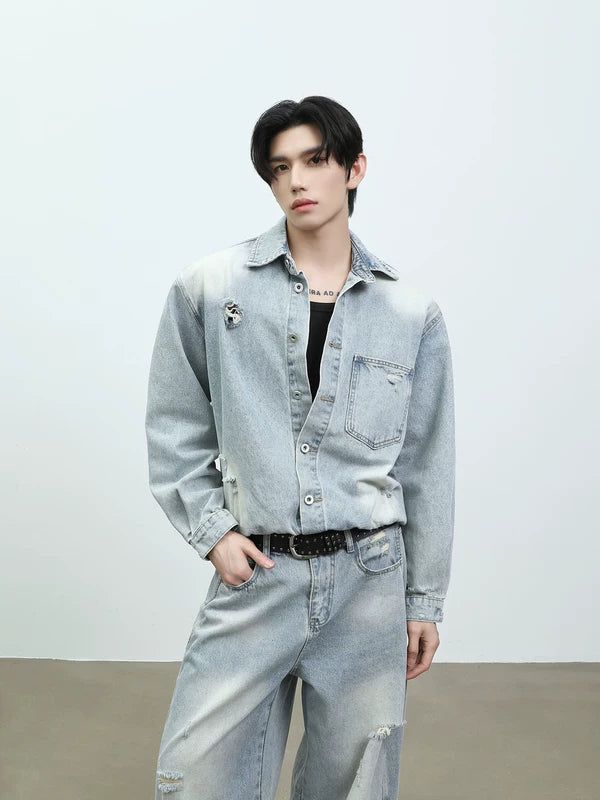 Distressed Denim Jacket and Wide-Leg Pants Set 5