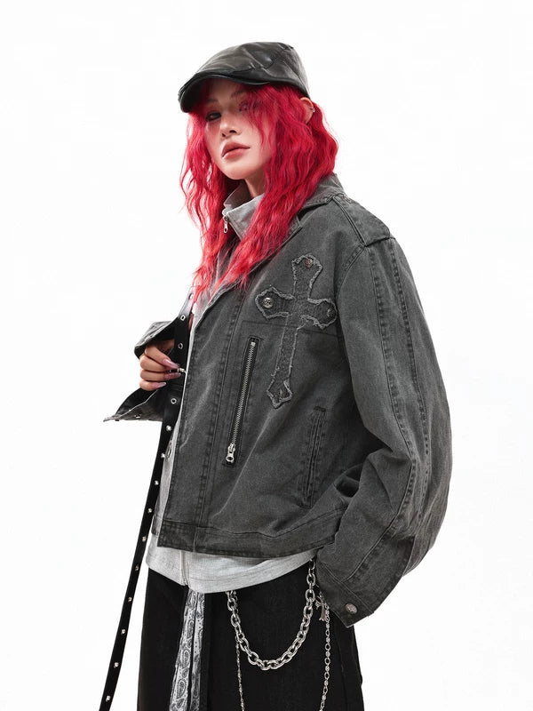 Distressed Embroidered Cross Lapel Denim Jacket 2