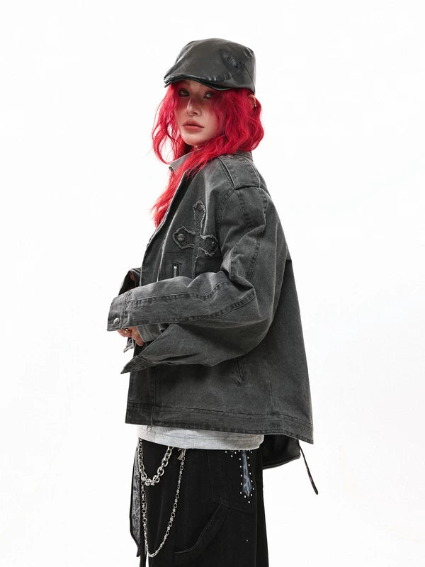 Distressed Embroidered Cross Lapel Denim Jacket 3