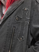 Distressed Embroidered Cross Lapel Denim Jacket 4