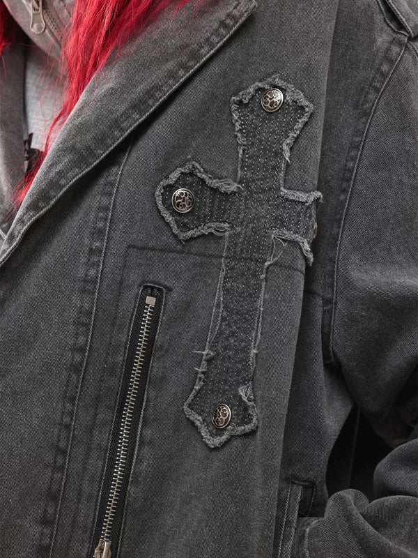 Distressed Embroidered Cross Lapel Denim Jacket 4