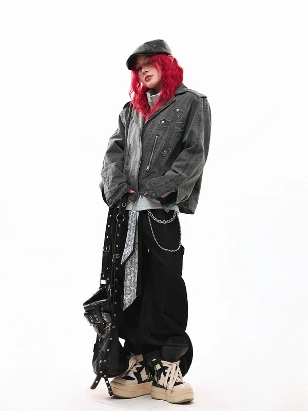 Distressed Embroidered Cross Lapel Denim Jacket 5