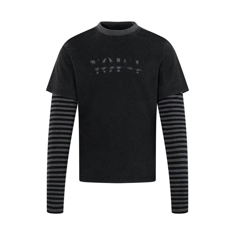 Distressed Faux Layered Striped Sleeve T-Shirt 2