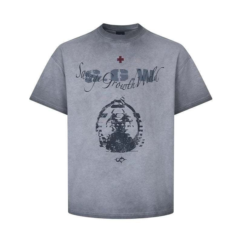 5756454581184,5756454581185,5756454581186,5756454581187, Distressed Graphic Cotton Short-Sleeve T-Shirt