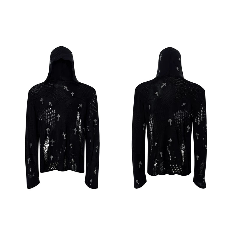 6034605800197,6034605800198,6034605800199,6034605800200, Distressed Knit Hooded Sweater with Crosses