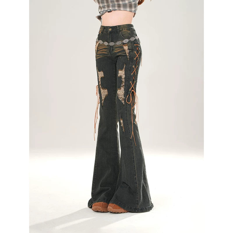 Distressed Lace-Up Flare Denim Pants 5