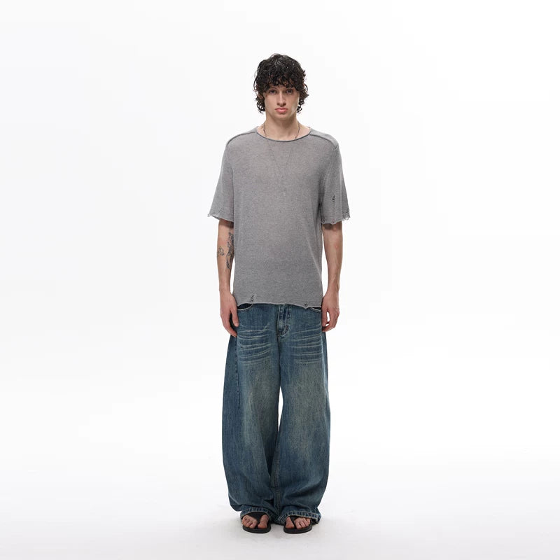 6031859268223,6031859268224,6031859268225,6031859268226, Distressed Linen Blend Short Sleeve Sweater