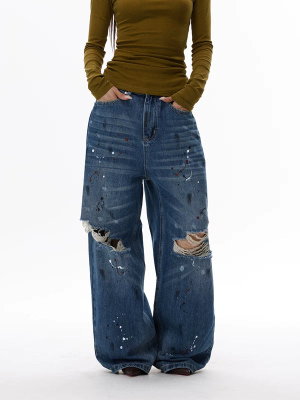 Distressed Paint-Splatter Wide Leg Jeans Pants 2