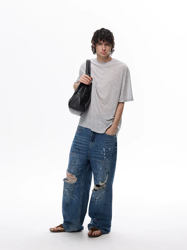 Distressed Paint-Splatter Wide Leg Jeans Pants 5
