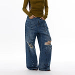 6197835647948,6197835647949,6197835647950,6197835647951,6197835647952, Distressed Paint-Splatter Wide Leg Jeans Pants