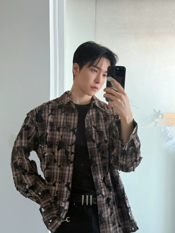 Distressed Patchwork Plaid Oversized Shirt 2