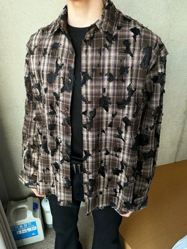 ,6204672403290,6204672403291,6204672403292, Distressed Patchwork Plaid Oversized Shirt