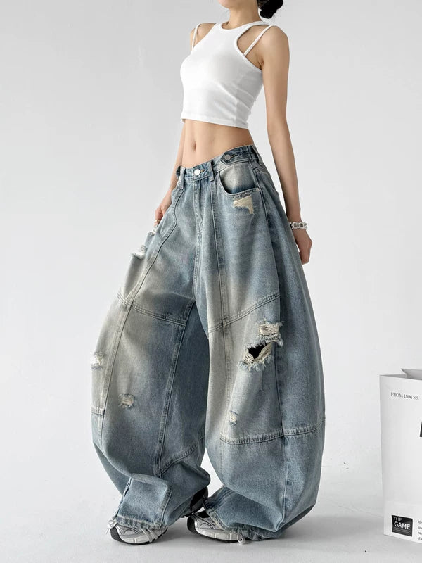 Distressed Patchwork Wide Leg Jeans Pants 2
