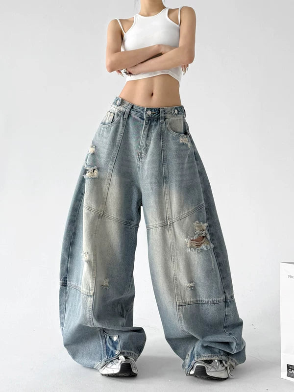 Distressed Patchwork Wide Leg Jeans Pants 3