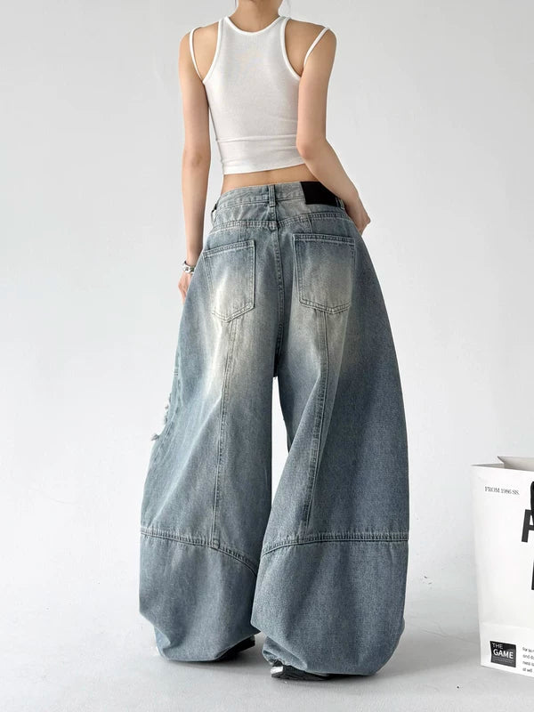Distressed Patchwork Wide Leg Jeans Pants 4