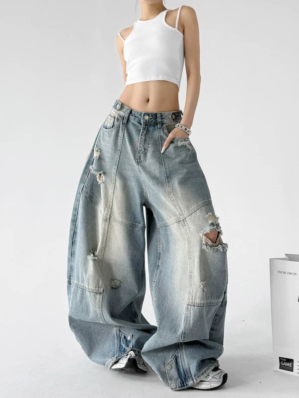 Distressed Patchwork Wide Leg Jeans Pants 5