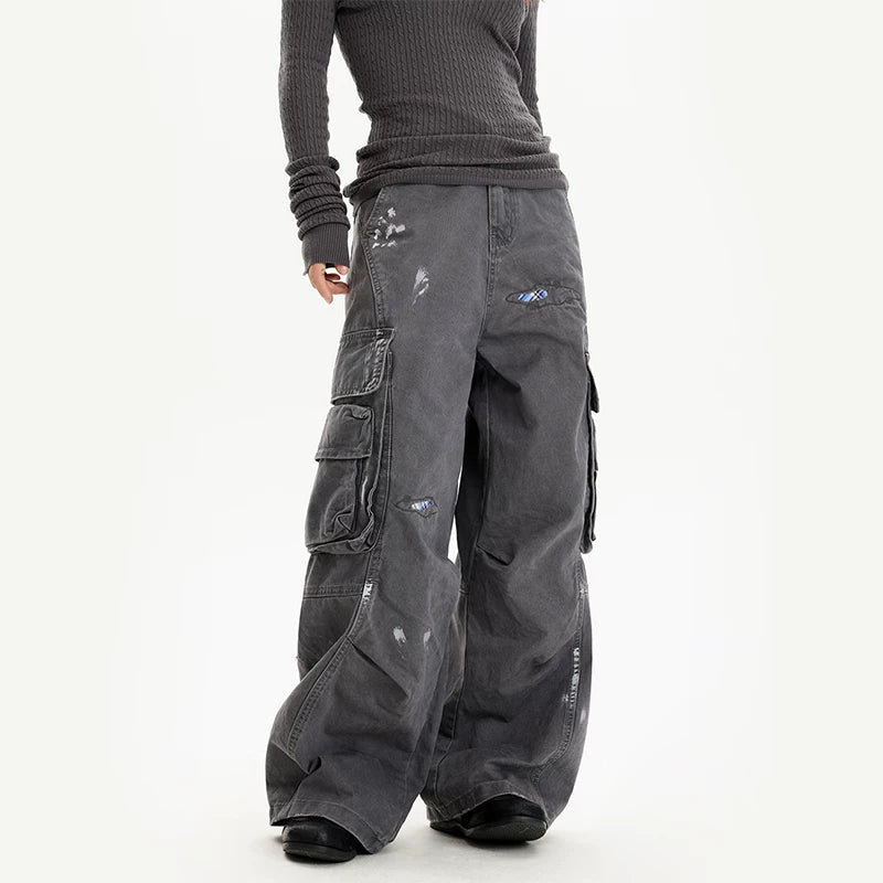Distressed Plaid Patchwork Wide Leg Cargo Pants 2