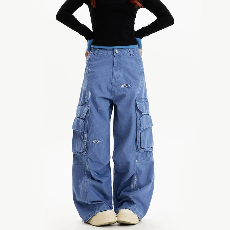 alt_id_2456414118, Distressed Plaid Patchwork Wide Leg Cargo Pants