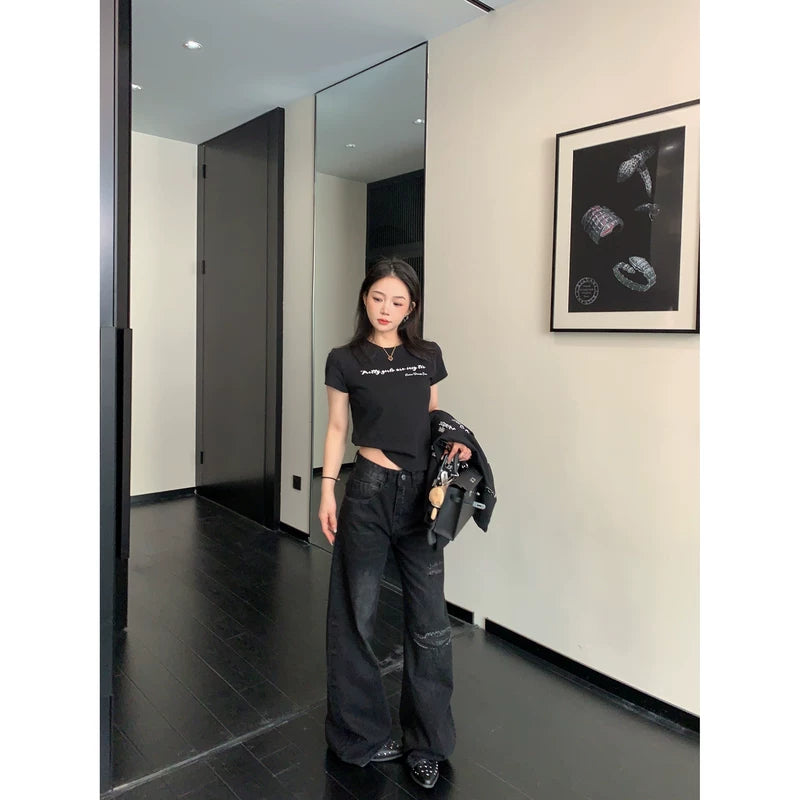 Distressed Ripped Straight-Leg Wide-Leg Jeans Pants 5