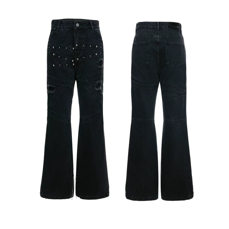 6035358449146,6035358449147,6035358449148,6035358449149, Distressed Rivet Patchwork Wide Leg Pants