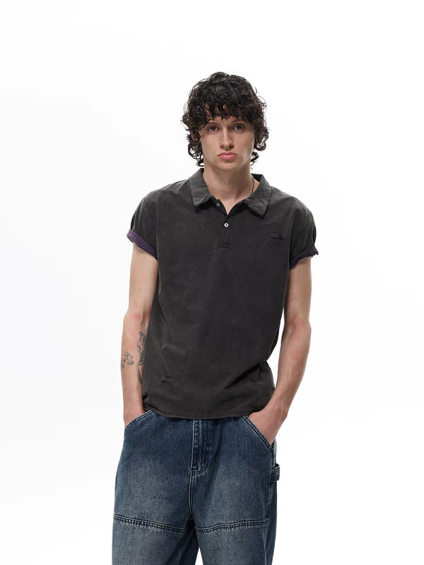 Distressed Short-Sleeve Collared Polo Shirt 4