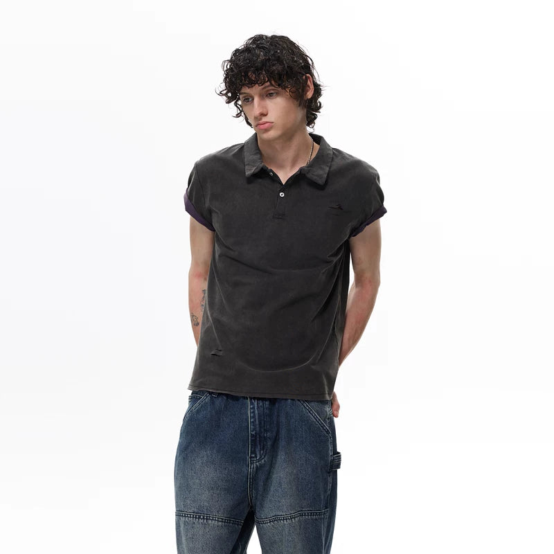 6031879208493,6031879208494,6031879208495,6031879208496, Distressed Short-Sleeve Collared Polo Shirt