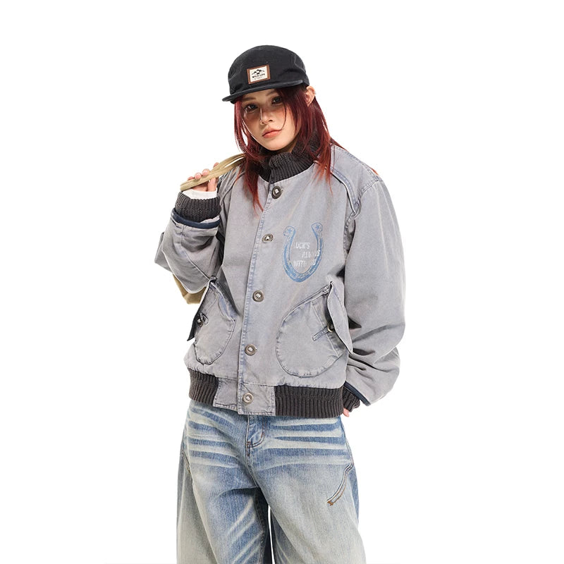 Distressed Stand Collar Cotton Workwear Jacket 4