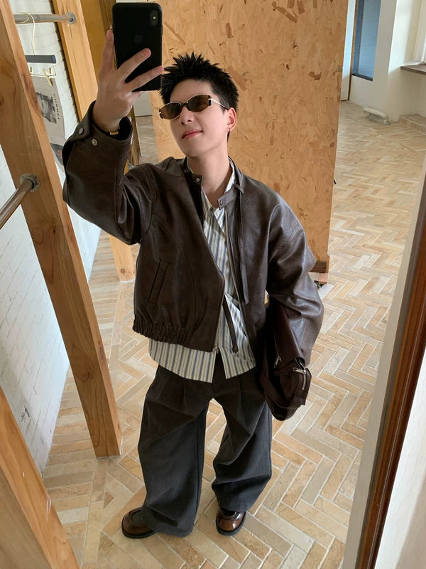 Distressed Stand Collar Faux Leather Jacket 2