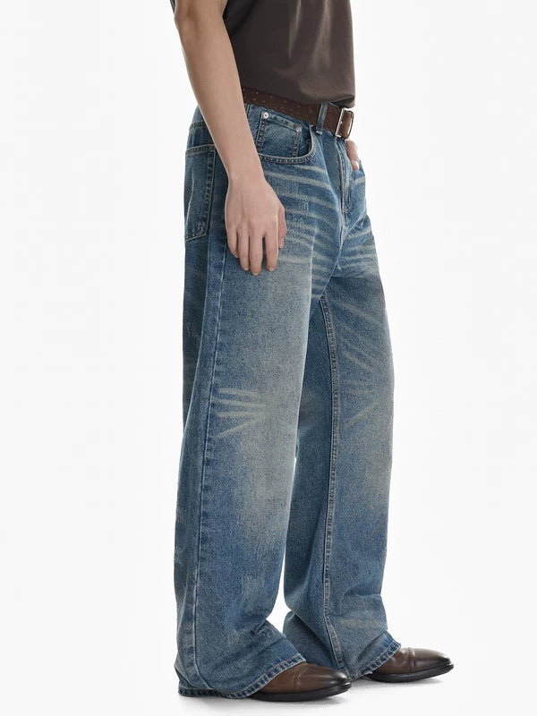 Distressed Whiskered Wide Leg Denim Pants 2
