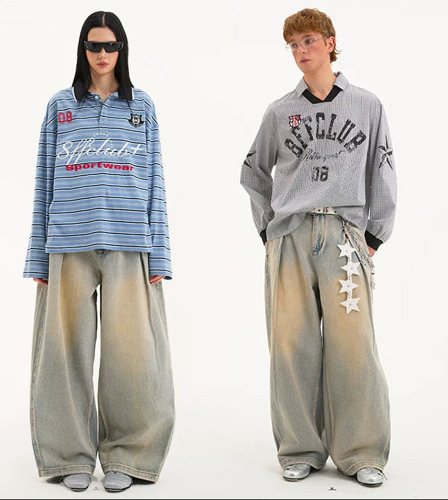 Distressed Wide-Leg Pleated Denim Pants 1