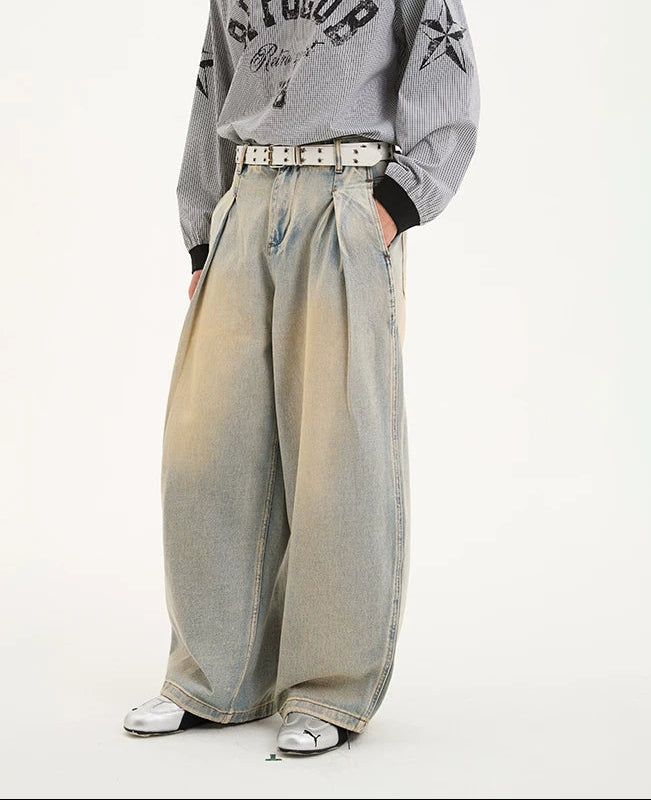 Distressed Wide-Leg Pleated Denim Pants 3