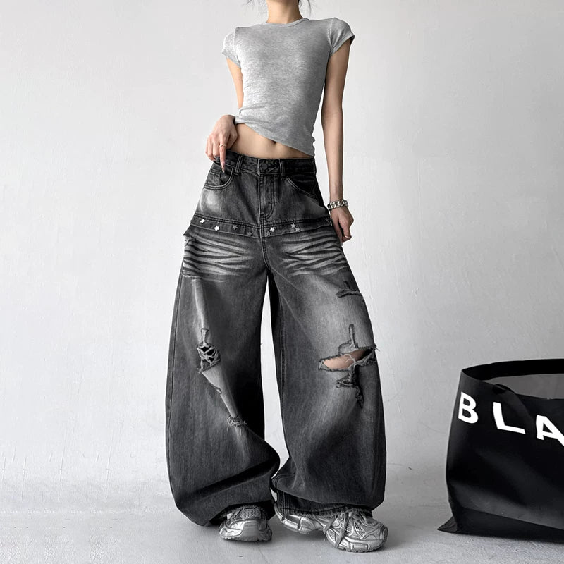 Distressed Wide Leg Ripped Jeans Pants 2