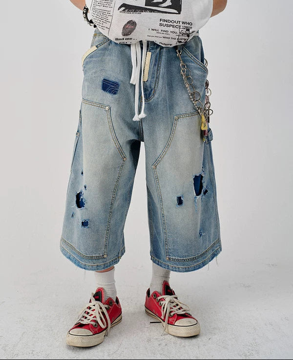 Distressed Workwear Denim Capri Pants 1
