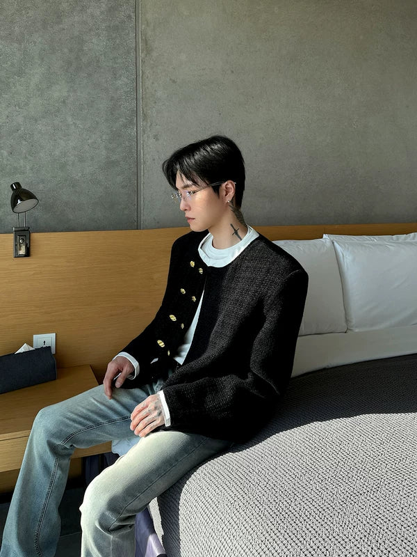 Double-Breasted Collarless Tweed Jacket 3