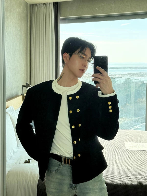 Double-Breasted Collarless Tweed Jacket 4