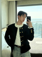 Double-Breasted Collarless Tweed Jacket 4