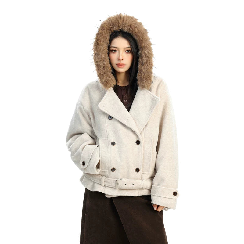 Double-Breasted Hooded Winter Coat with Fur 5