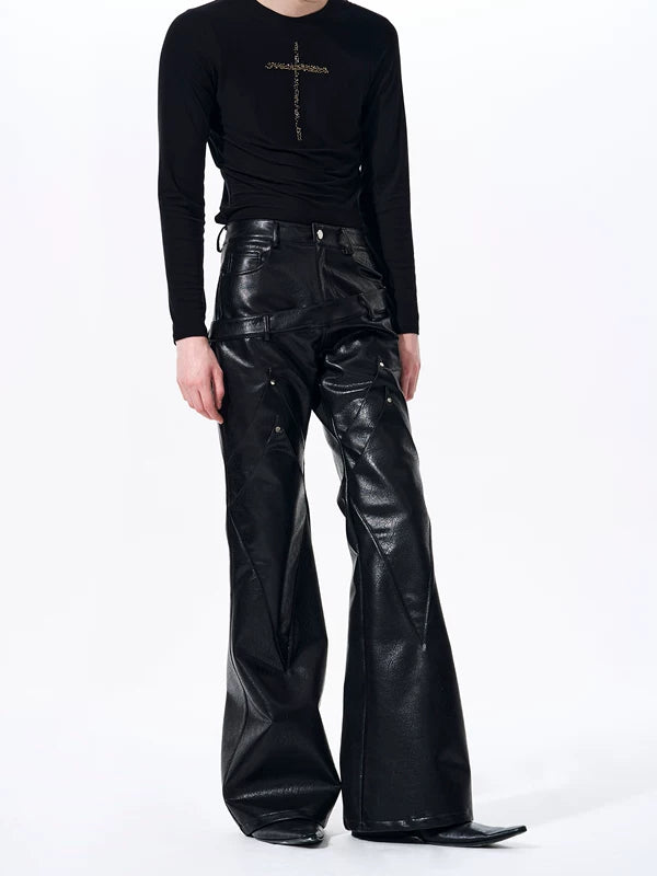 Double Waist Flared Leather Pants 3