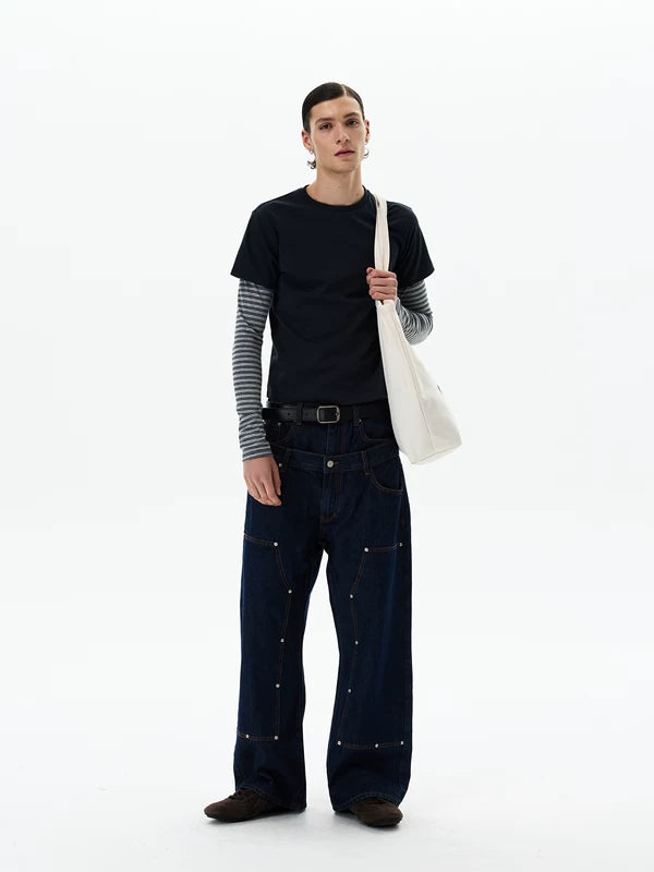 Double Waist Wide Leg Riveted Denim Pants 2