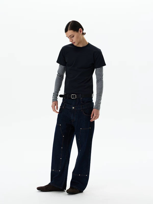 Double Waist Wide Leg Riveted Denim Pants 4