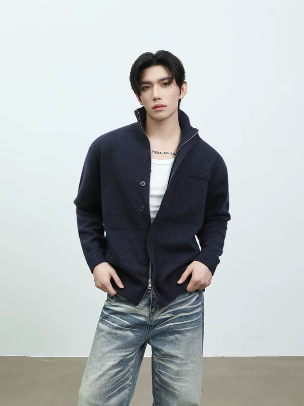 Double Zipper High Neck Knit Cardigan 2