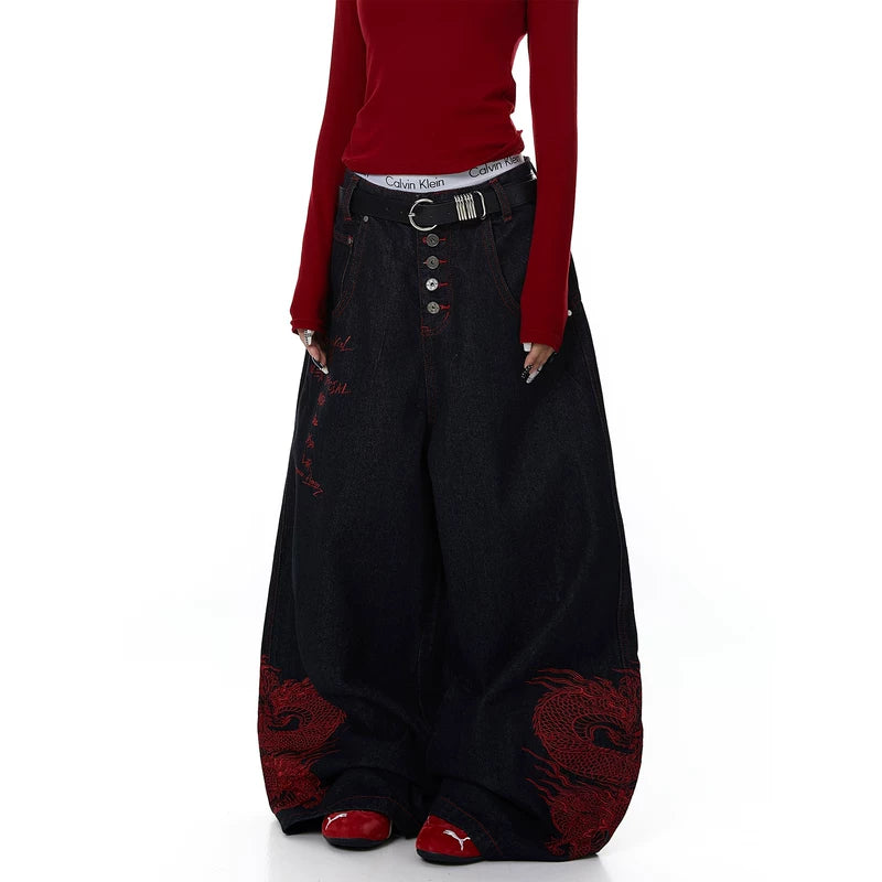 Dragon Embroidered Wide Leg Jeans Pants 3