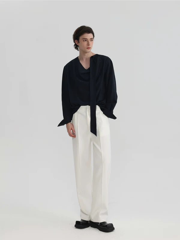 Draped Asymmetrical Placket Ribbon Shirt 2