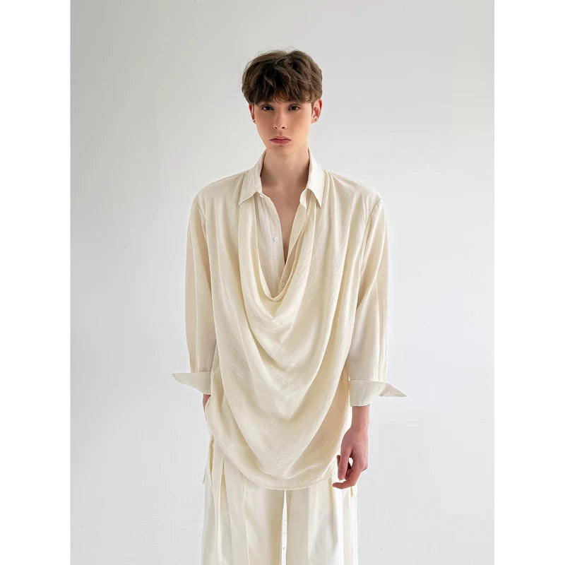 Draped Neck Long Sleeve Loose Shirt 3